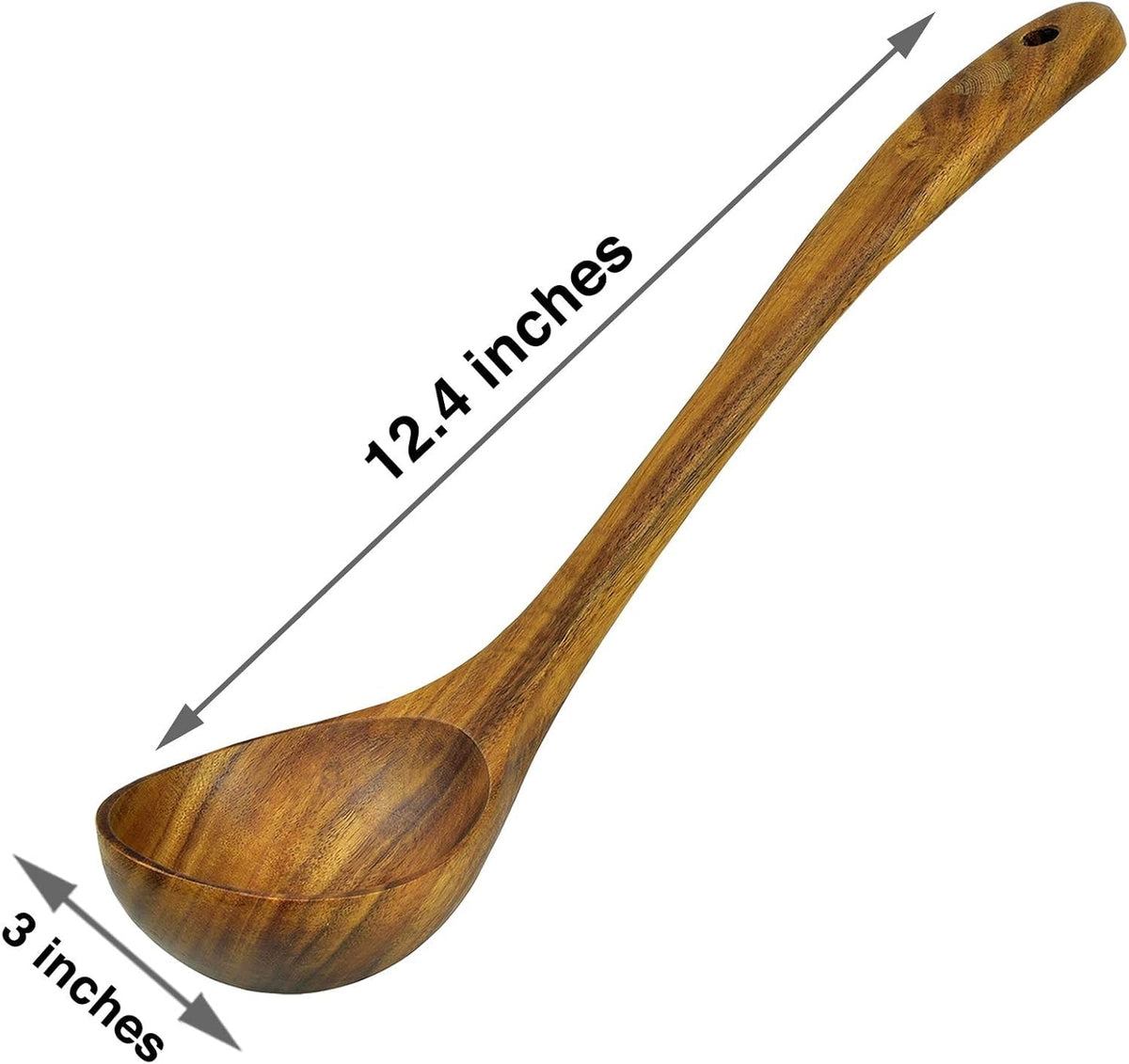Woodenhouse teak ladle nonscratch design protects cookware during stirring.