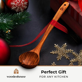 Woodenhouse teak ladle showing a 2 oz scoop for sauces and soups.