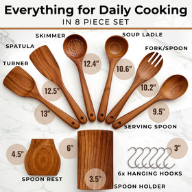 Woodenhouse teak skimmer catching splashes, durable and gentle on cookware.
