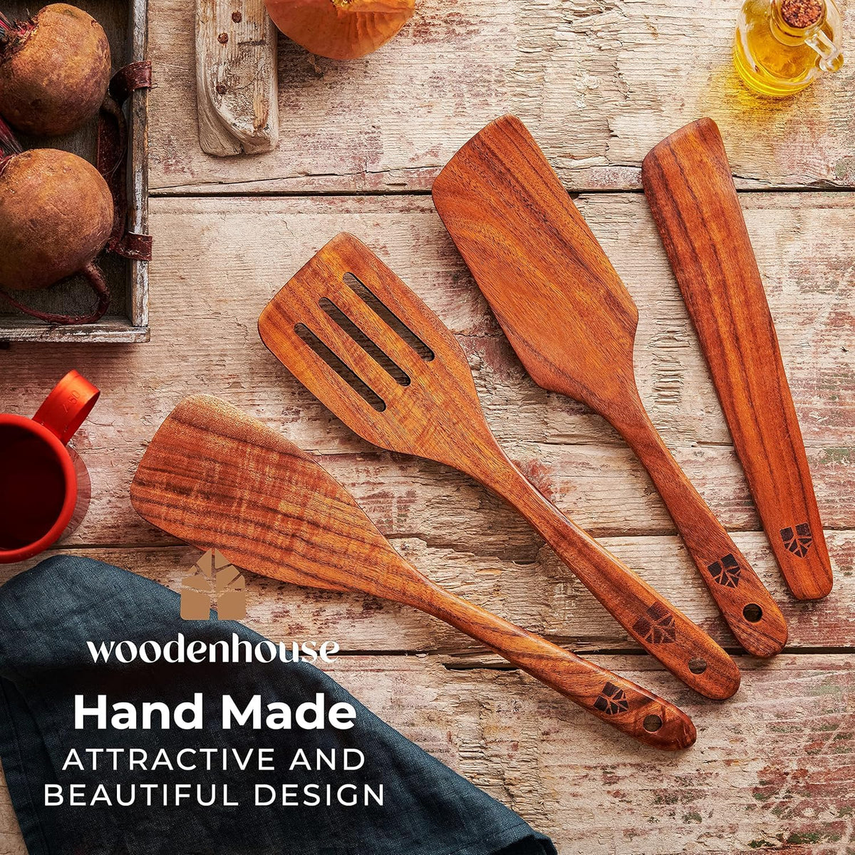 Woodenhouse teak spatula handle closeup reveals smooth finish
