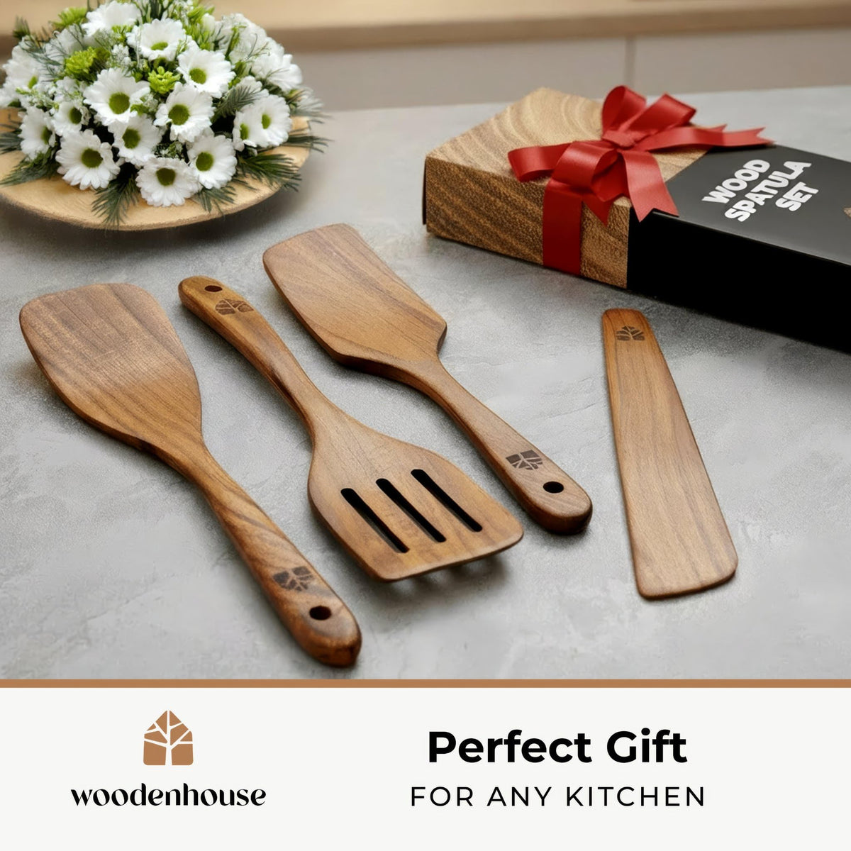Woodenhouse teak spatula set in kitchen demonstrates versatile four-piece design
