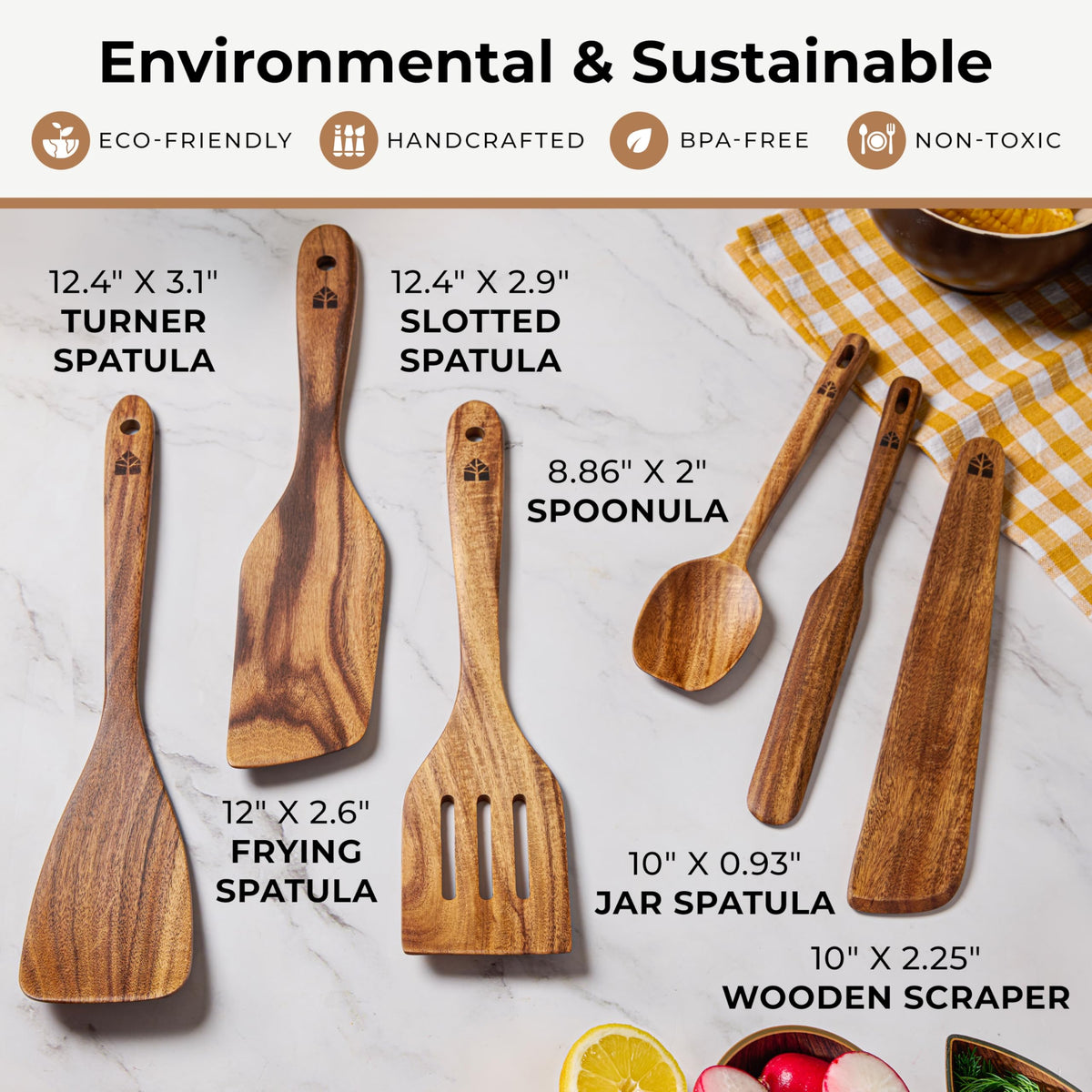 Woodenhouse teak spatula slotted: drains liquids while cooking without scratching pans.
