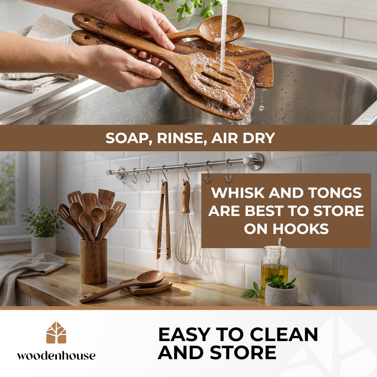 Woodenhouse teak spatula shown gentle on non-stick cookware.