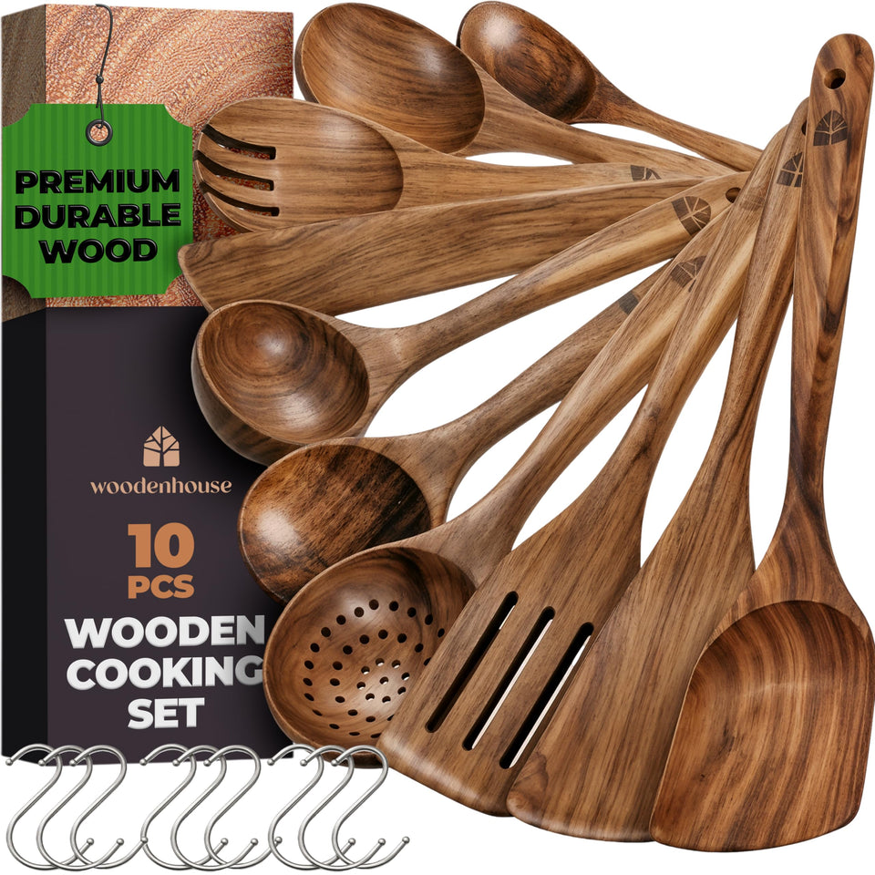 Woodenhouse teak spoons and spatulas with hooks for organized, space-saving storage.