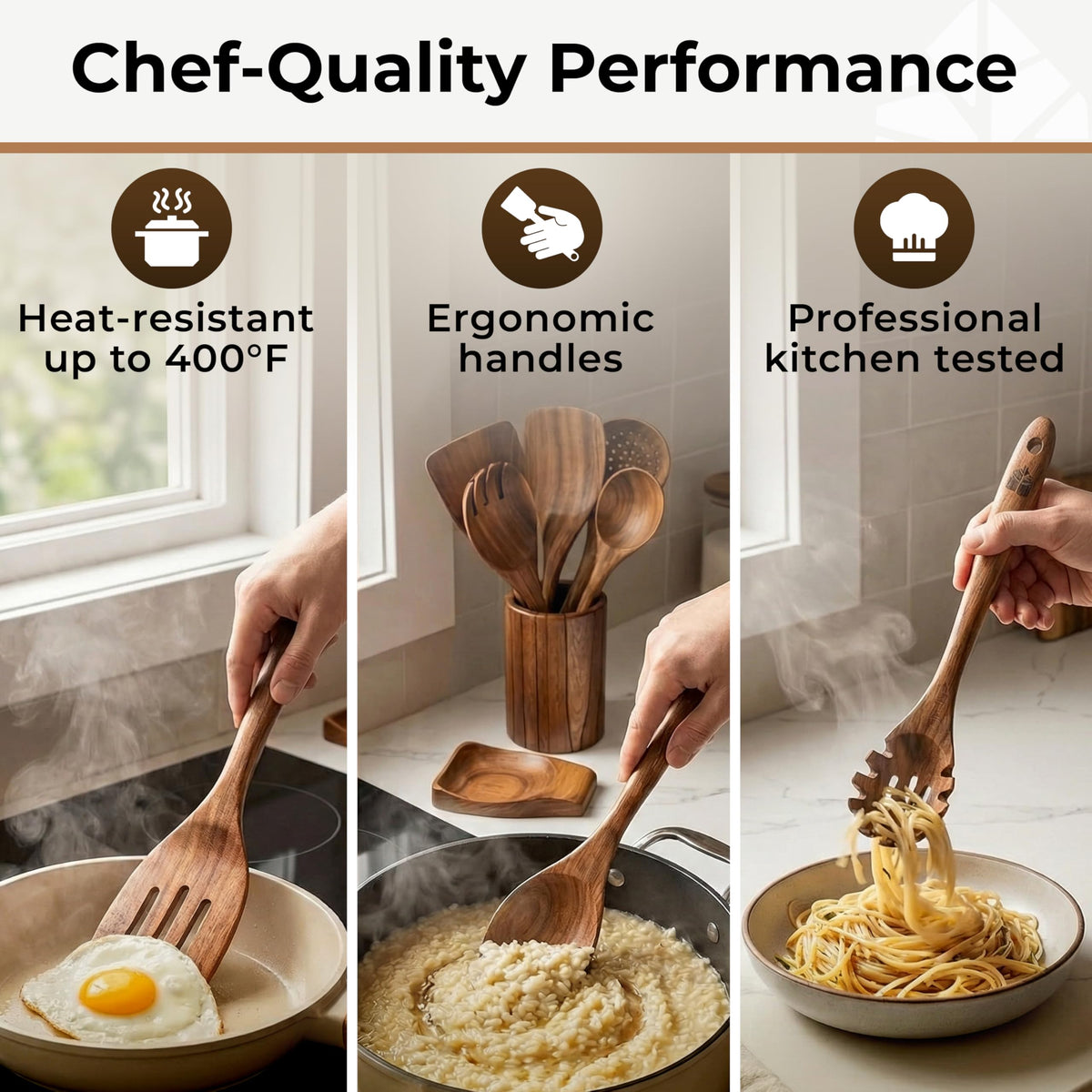 Woodenhouse teak turner flipping food, sturdy one-piece construction prevents warping.