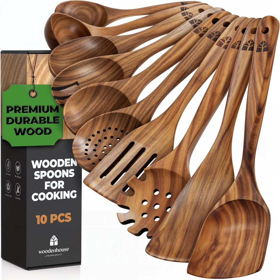 Woodenhouse 10-piece teak utensil set on display for versatile cooking.
