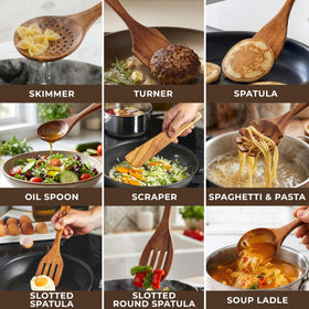 Woodenhouse teak utensils with ergonomic handles for comfortable cooking sessions.