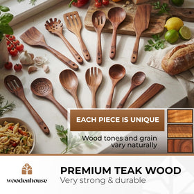 Woodenhouse teak ladle with deep bowl for soups and stews.