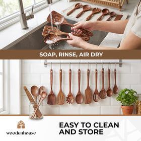 Woodenhouse teak slotted spoon for draining liquids efficiently.