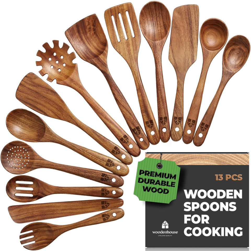 Woodenhouse teak spatula for safe nonstick cooking and gentle flipping.