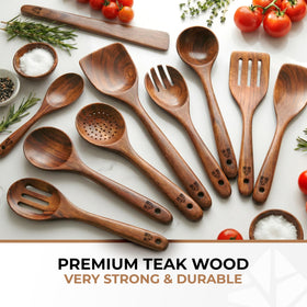 Woodenhouse teak utensils with ergonomic handles for comfortable grip during cooking.
