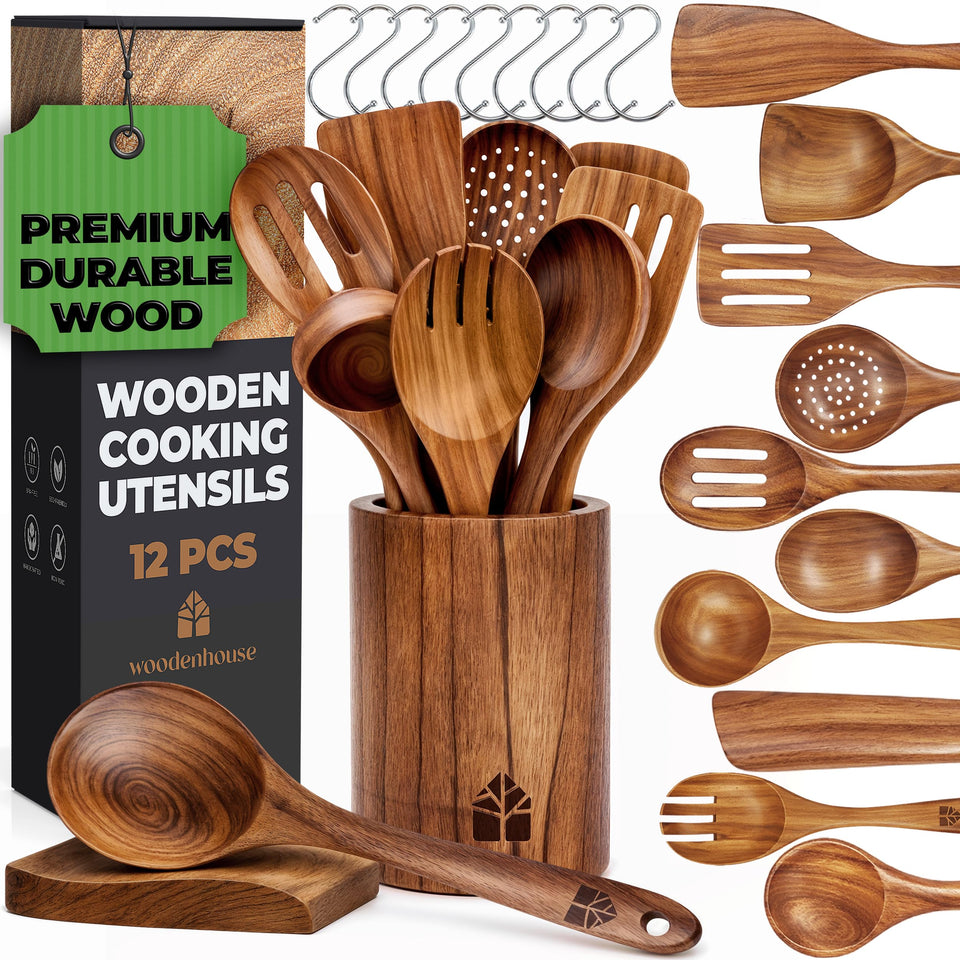 Woodenhouse teak spoon set display for durable nonstick cooking
