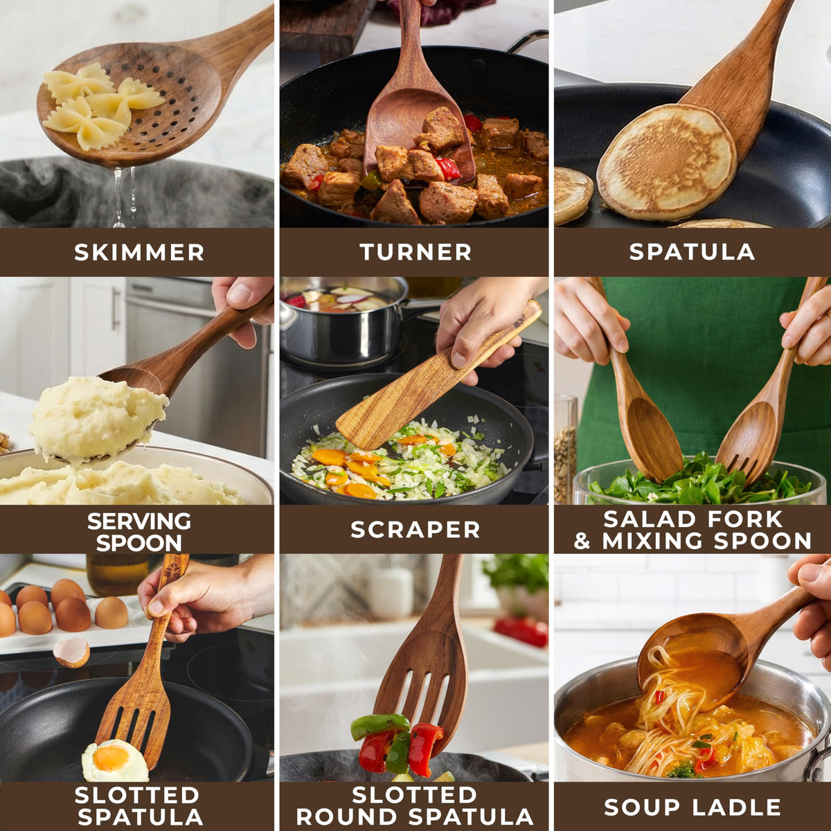 Woodenhouse teak wood utensils safe for nonstick cookware and smooth edges.