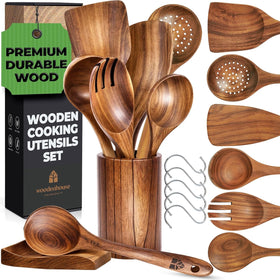 Woodenhouse 8-piece utensil set viewed together, durable teak construction for everyday cooking.