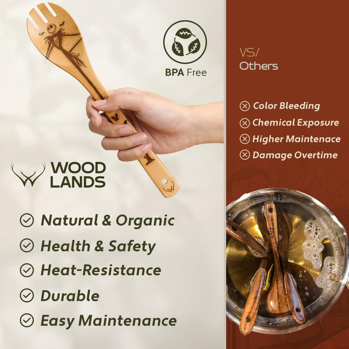 Woodlands USA easy to clean bamboo utensils resist odors and stains