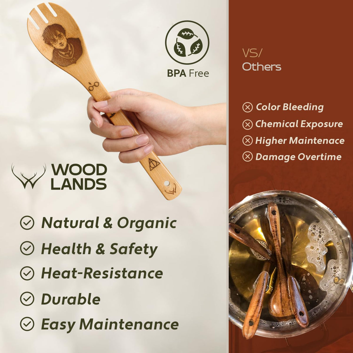 Woodlands USA eco-friendly bamboo utensils, lightweight kitchen helper.