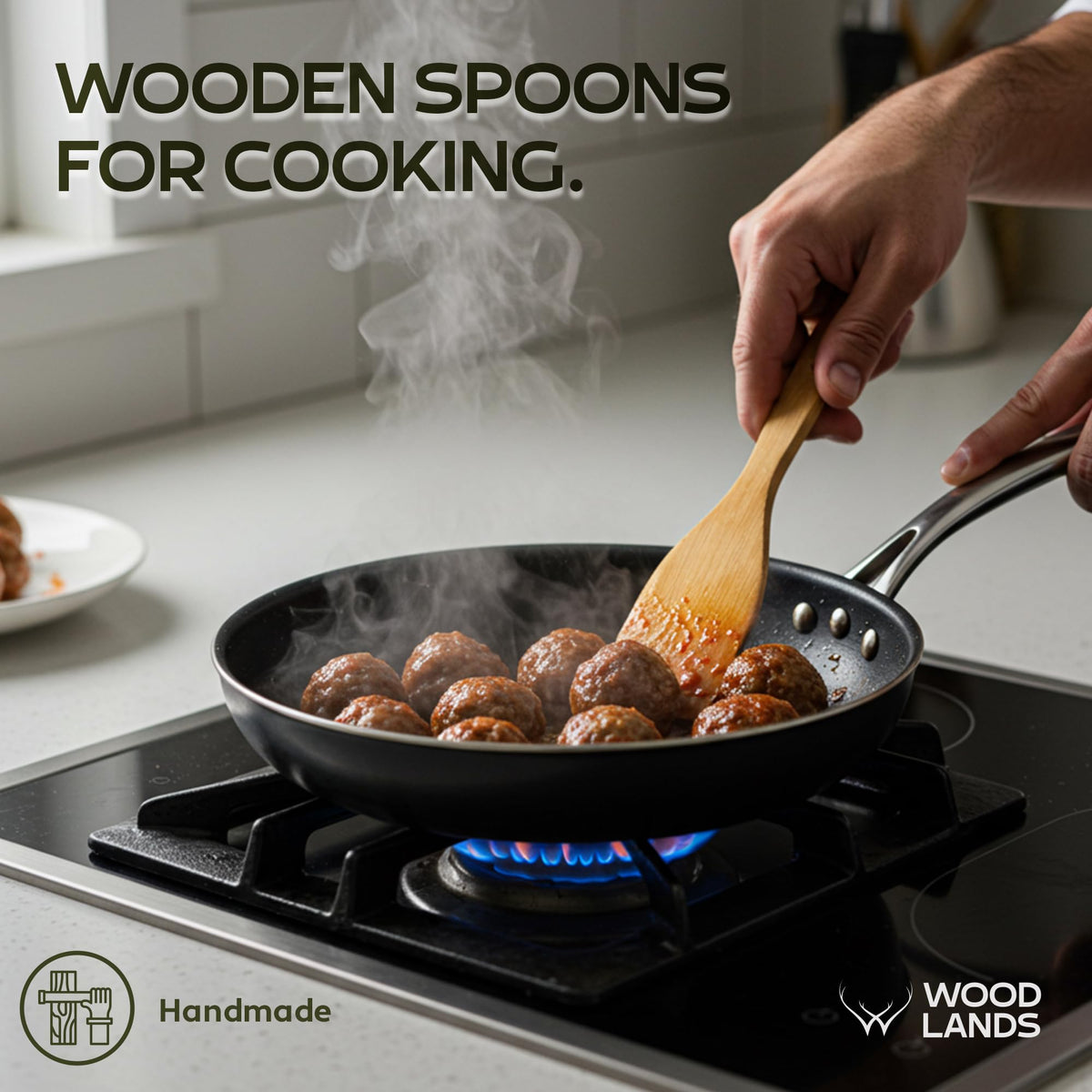 Woodlands USA heat-resistant wooden spoons protect cookware while sautéing.