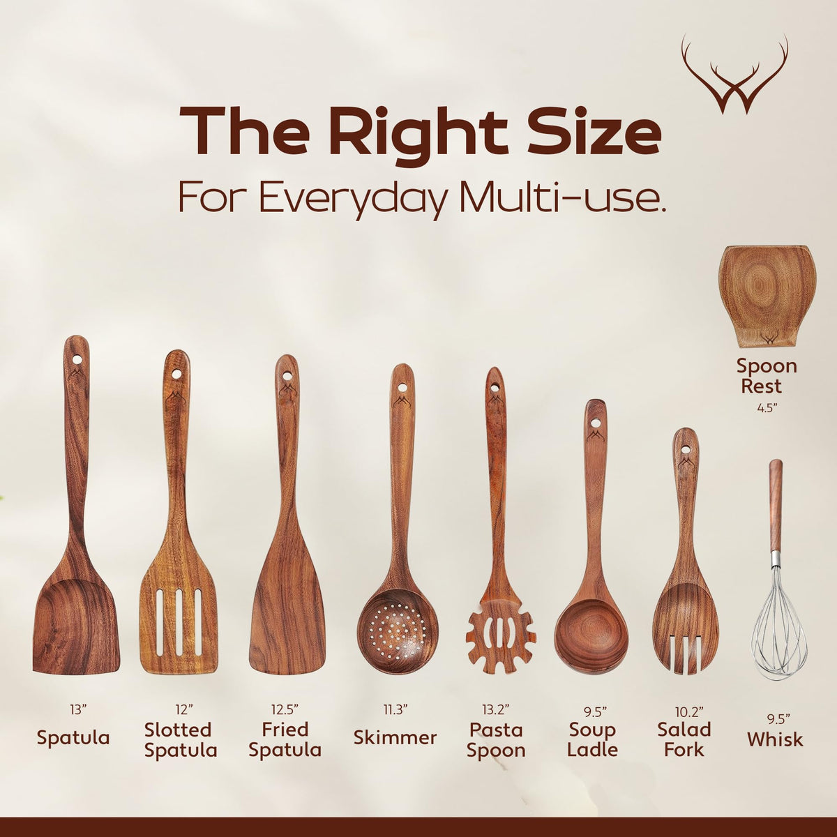 Woodlands USA spatula in action on a pan, smooth wood surface.