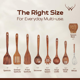Woodlands USA spatula in action on a pan, smooth wood surface.