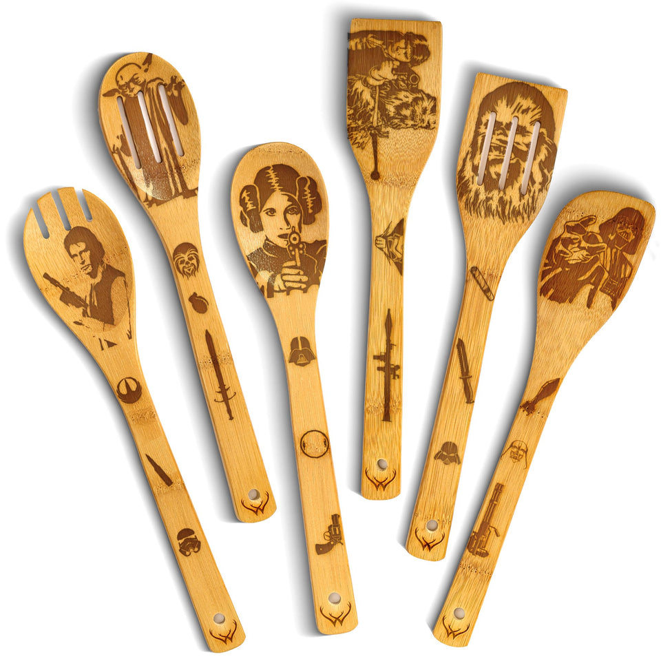 Woodlands USA Star Warz spoons and spatulas in a non-stick kitchen setup