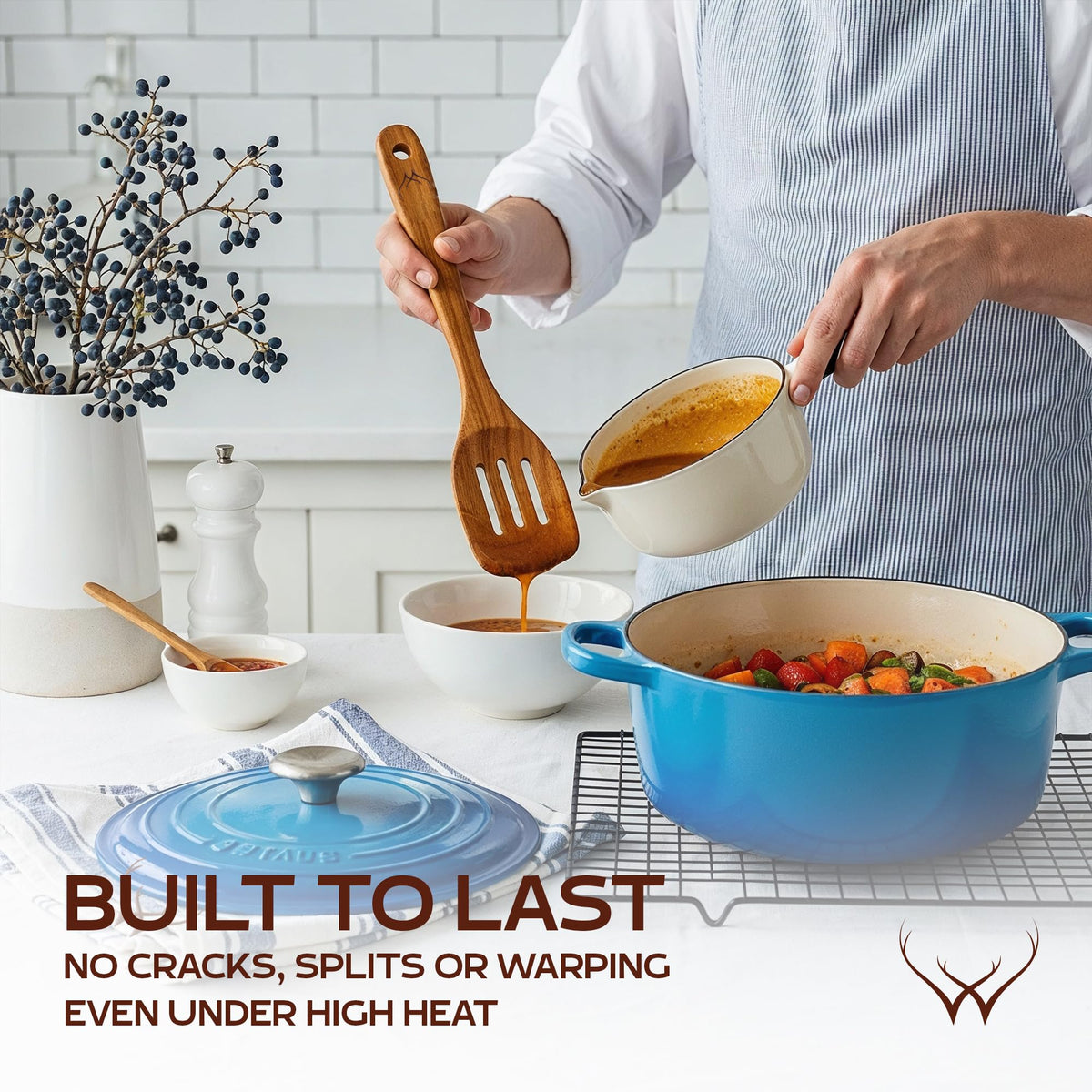 Woodlands USA teak skimmer lifts delicate foods with ease.