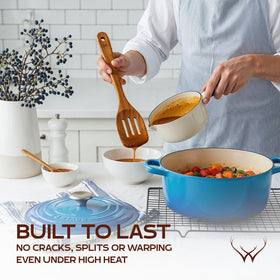 Woodlands USA teak skimmer lifts delicate foods with ease.