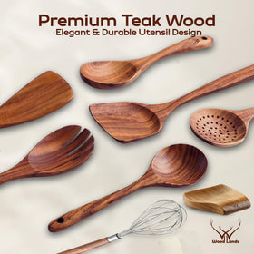 Woodlands USA teak slotted spatula drains liquids while sautéing.