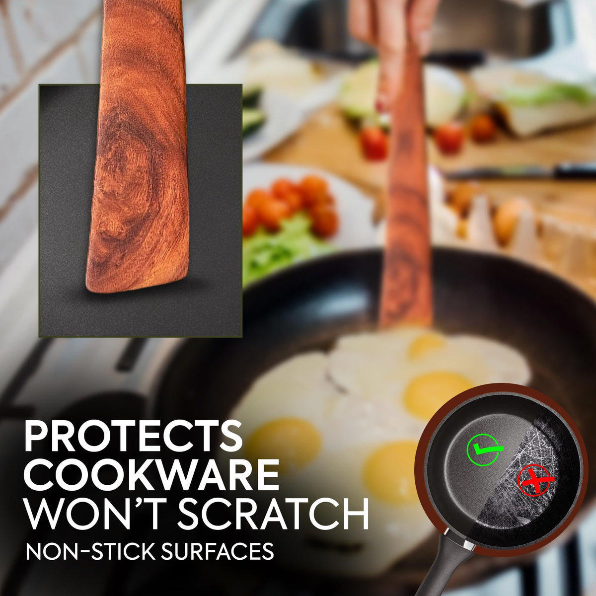 Woodlands USA teak spatula designed for cast iron pans, scratch-free flipping