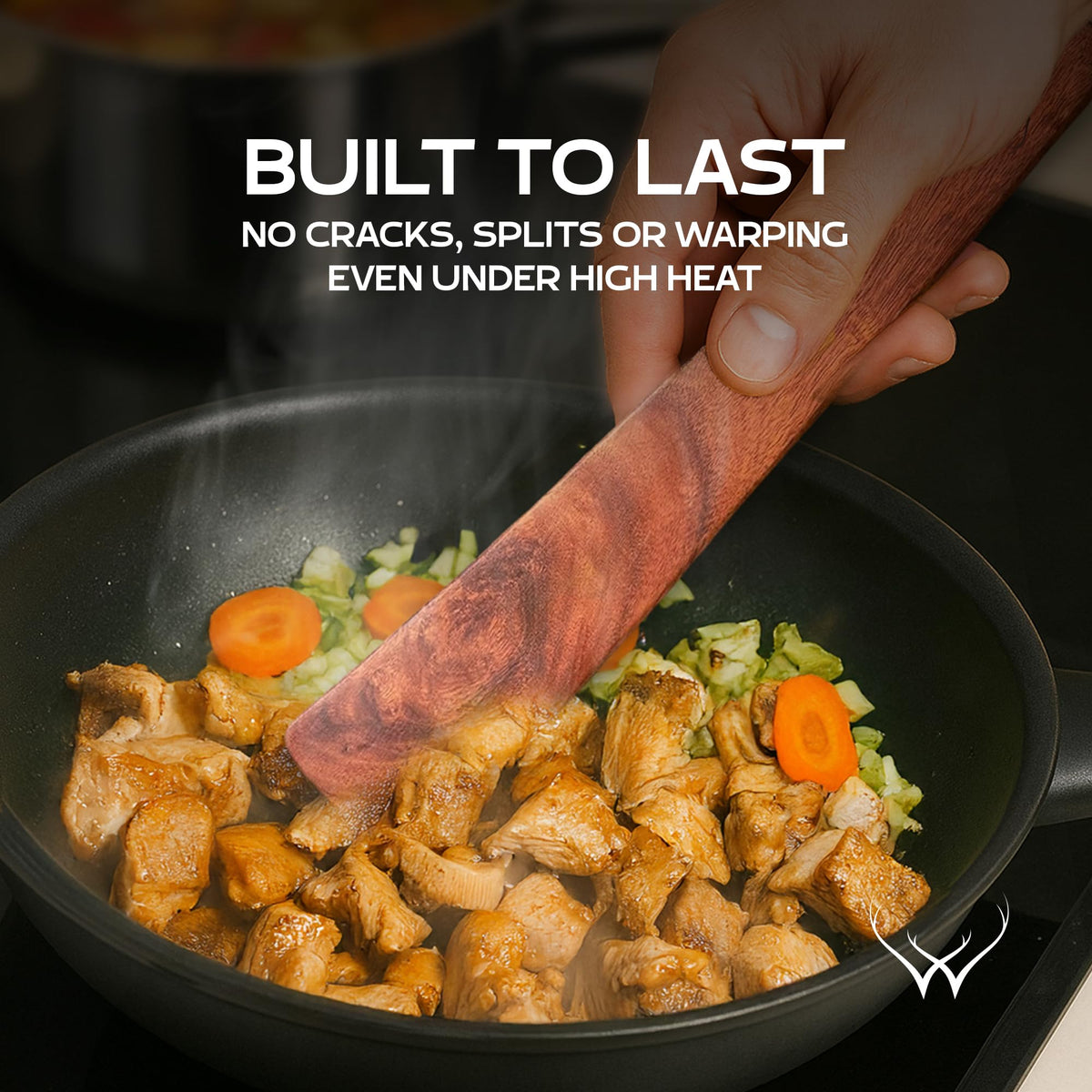 Woodlands USA teak spatula, flat edge enables easy under-food lifting