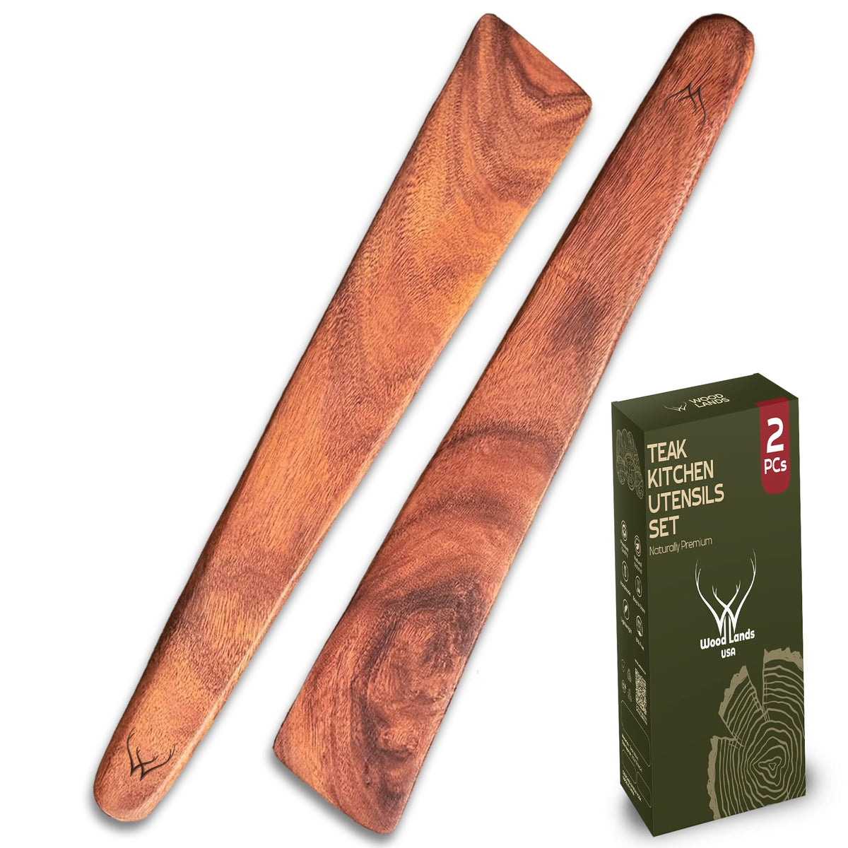 Woodlands USA teak spatula set, front view, ideal for precise flipping