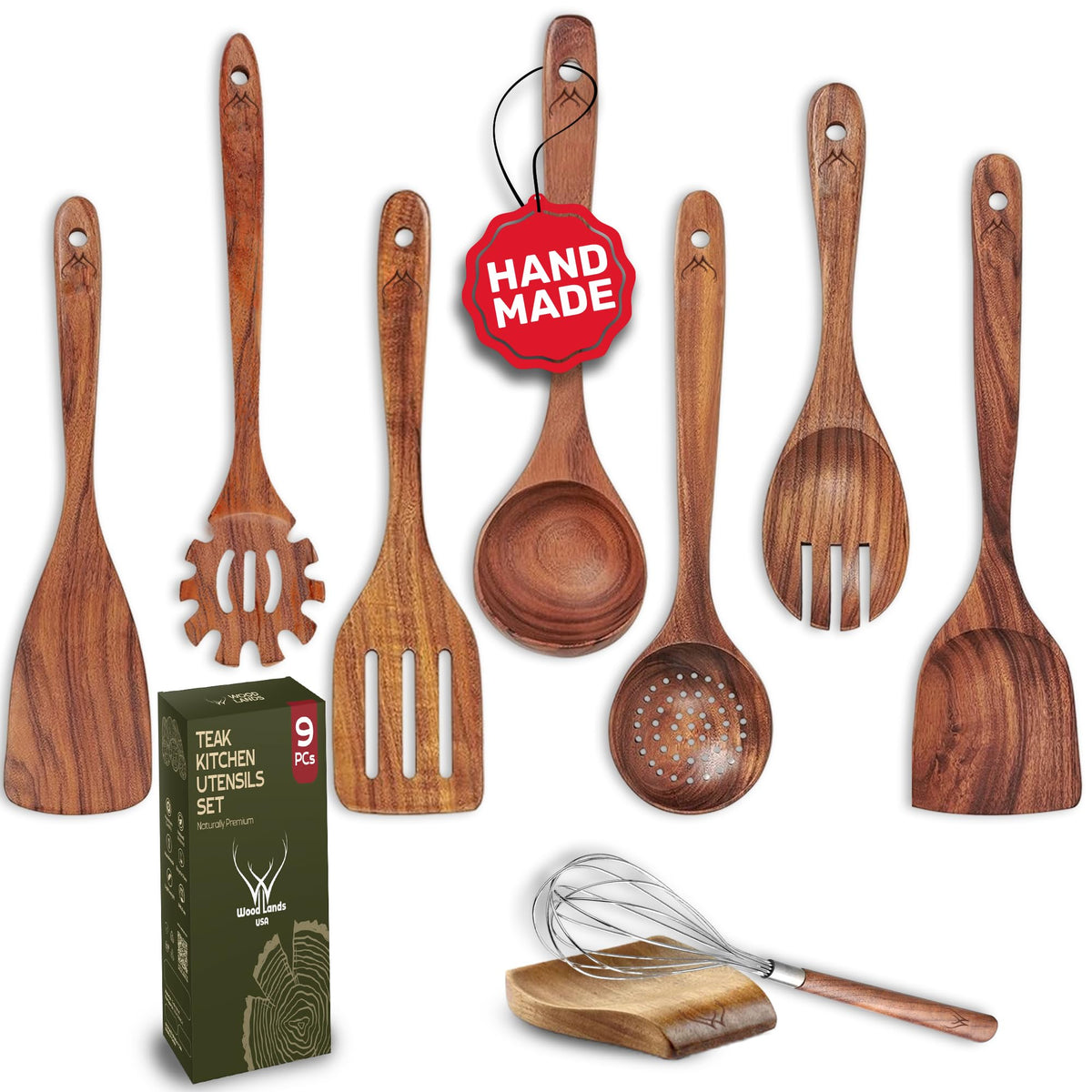 Woodlands USA teak spoon set full view for cooking and serving.
