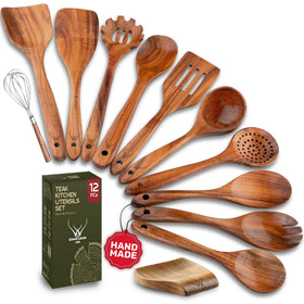 Woodlands USA teak utensil holder keeps utensils organized.