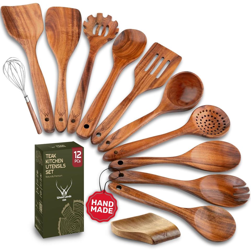 Woodlands USA teak utensil holder keeps utensils organized.