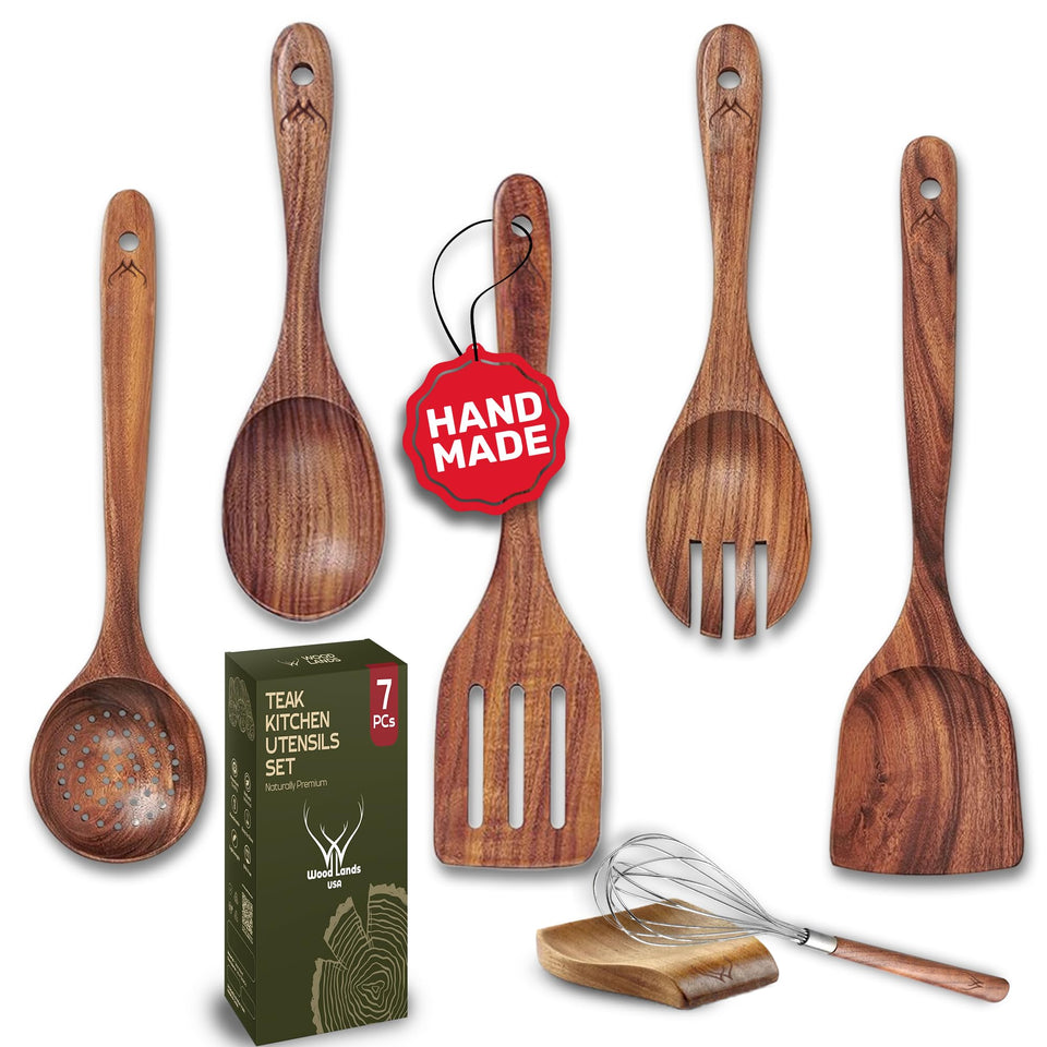 Woodlands USA teak utensils 7pc set displayed for daily cooking