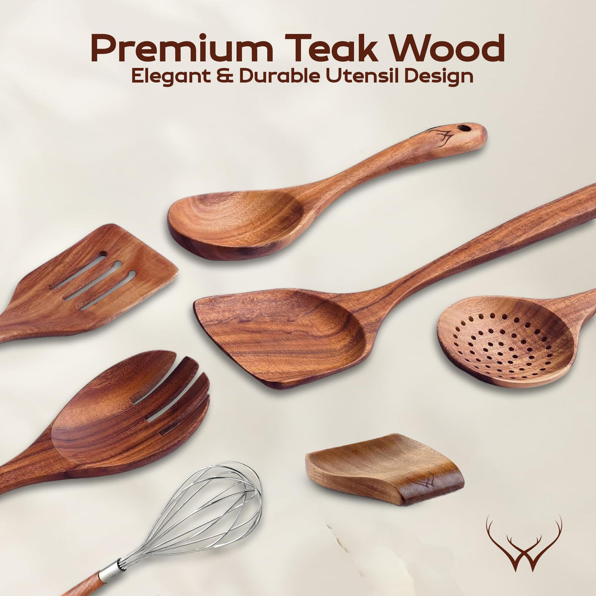 Woodlands USA teak utensils holder on countertop