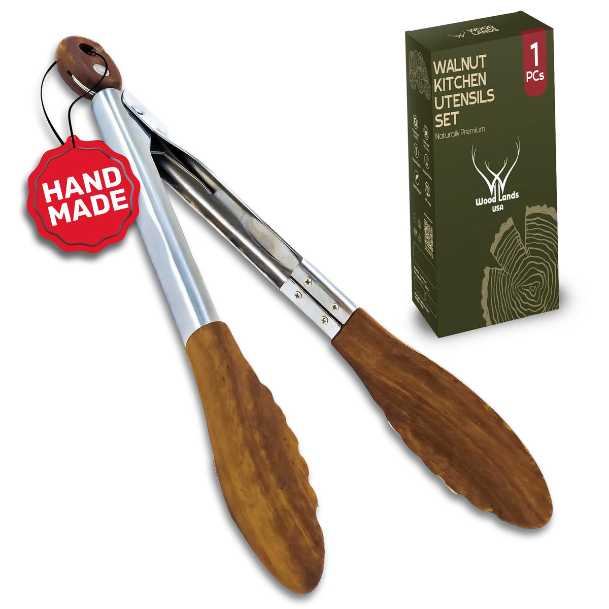 Woodlands USA walnut wooden tongs for cooking, durable and stylish for daily use