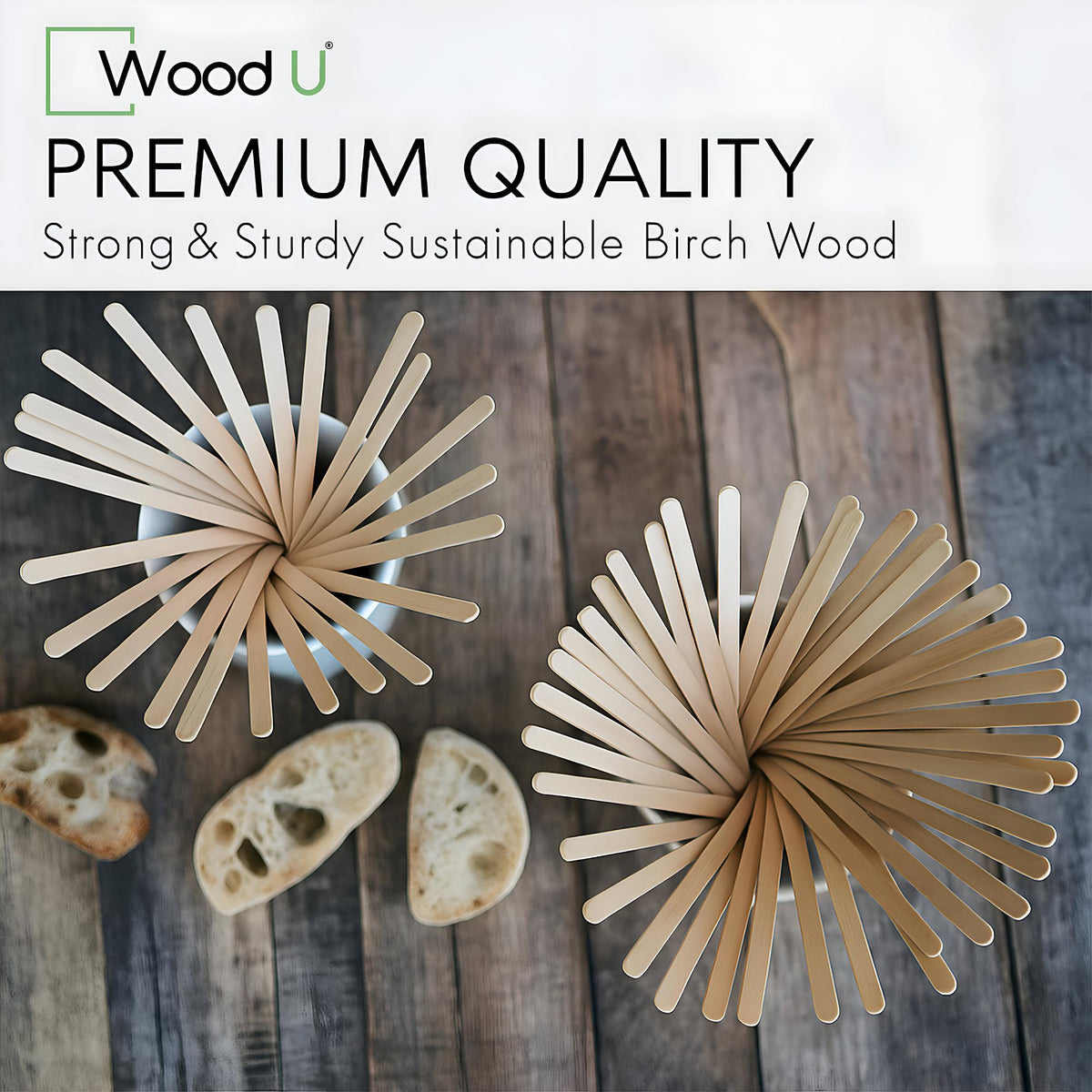 WoodU 1000-piece pack birchwood stir sticks ideal for cafes and events.
