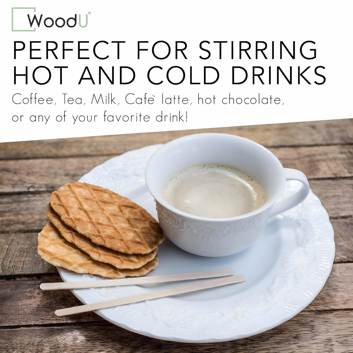 WoodU stir sticks designed to resist heat for hot drinks and cocktails.