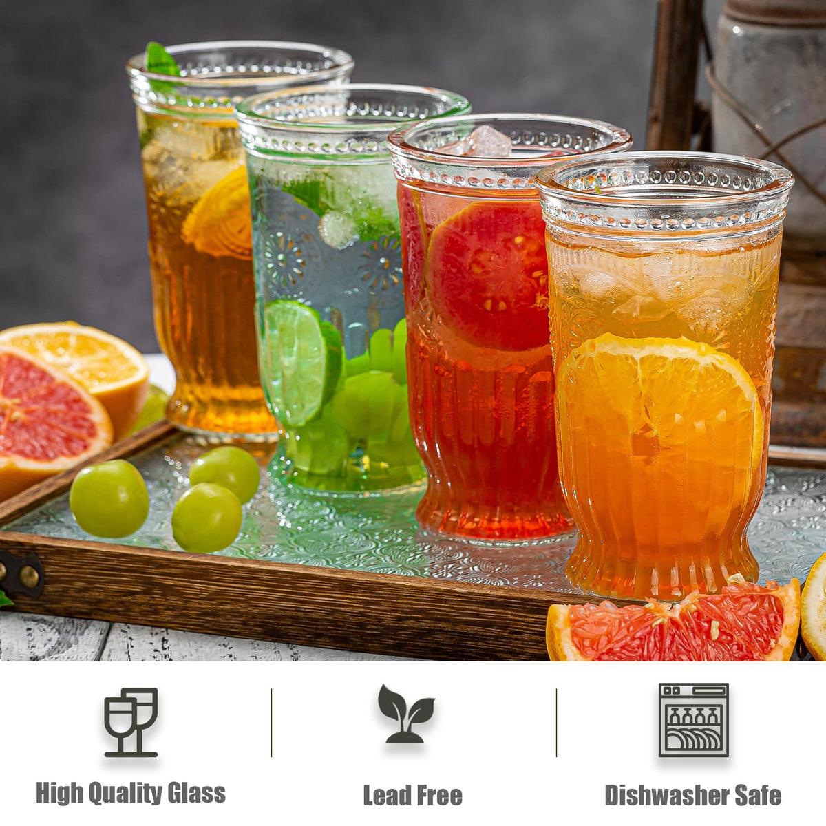Wookgreat embossed cocktail glasses enhance cocktails with a premium feel.