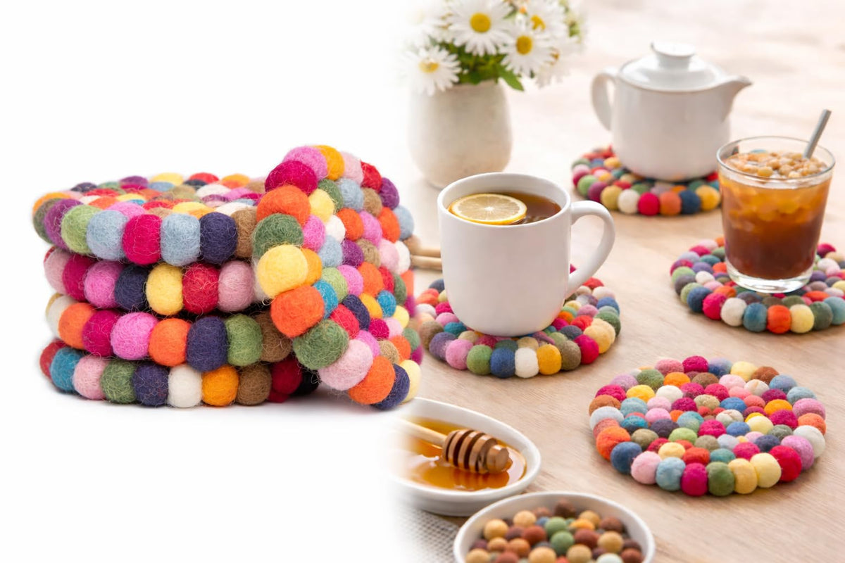 Woolygon round felt ball coasters rainbow set 5 heat resistant for hot beverages