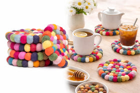 Woolygon round felt ball coasters rainbow set 5 heat resistant for hot beverages