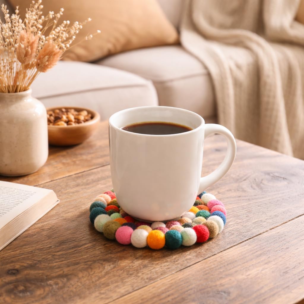 Woolygon round felt ball coasters rainbow set 5 stackable for tidy storage