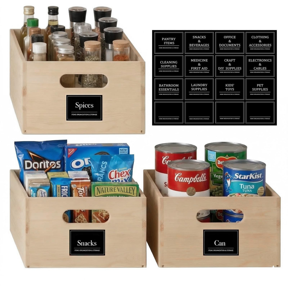 WooOrganix wooden pantry organizer with built-in handles for easy carrying and access.