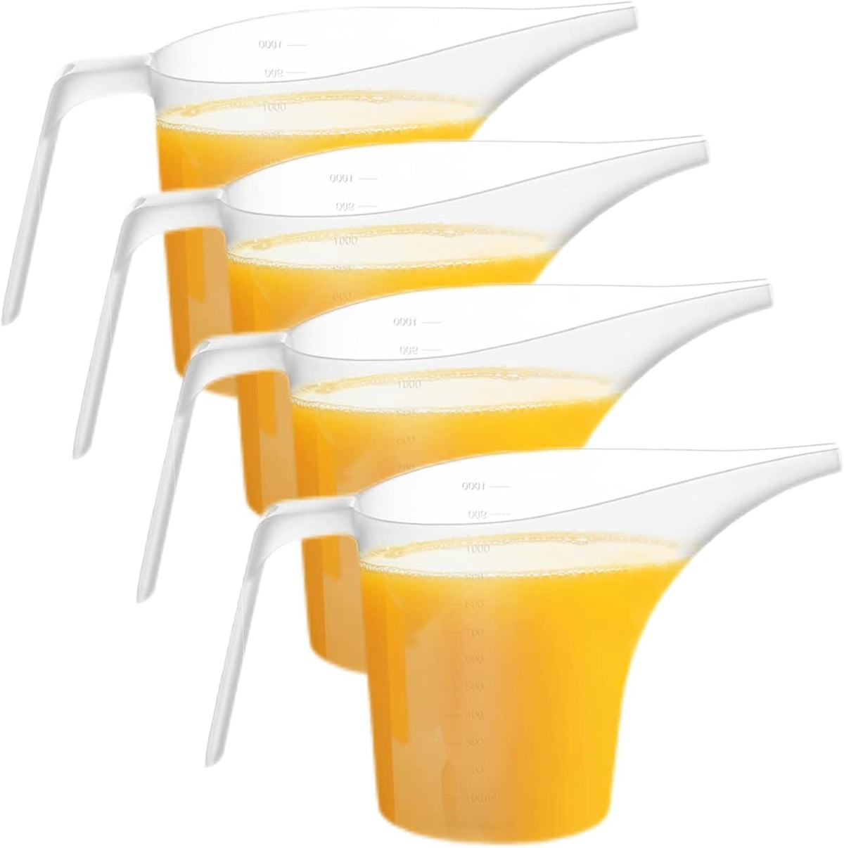 Woozettn 4-pack measuring cups with long spout for controlled pouring.