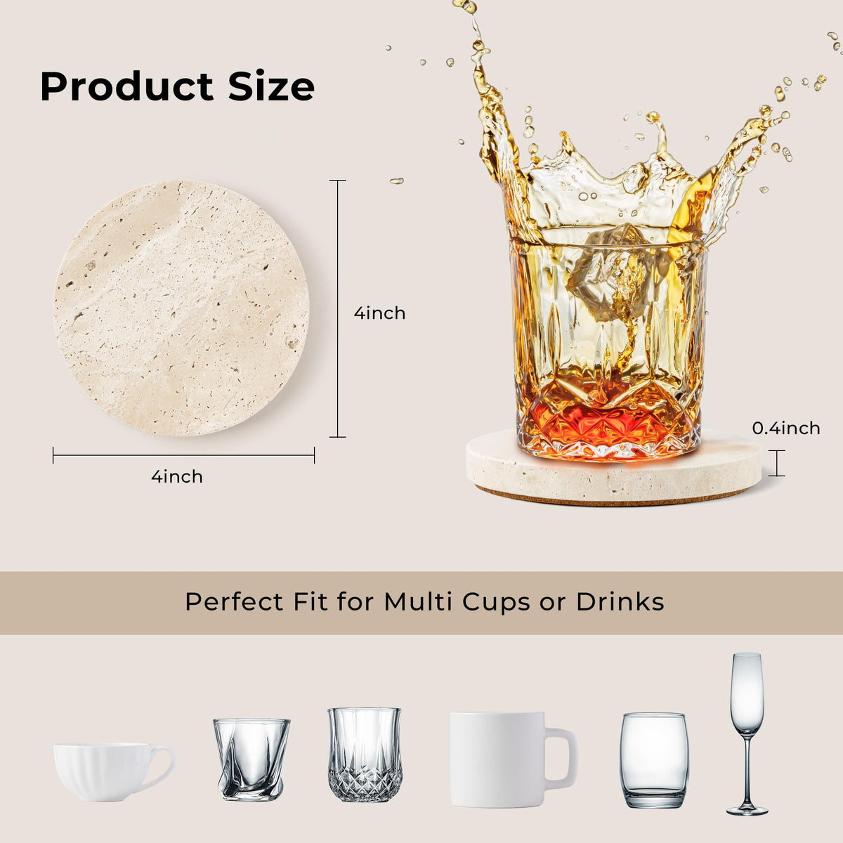 WORHE coaster with cork backing sits securely on glass and wood surfaces