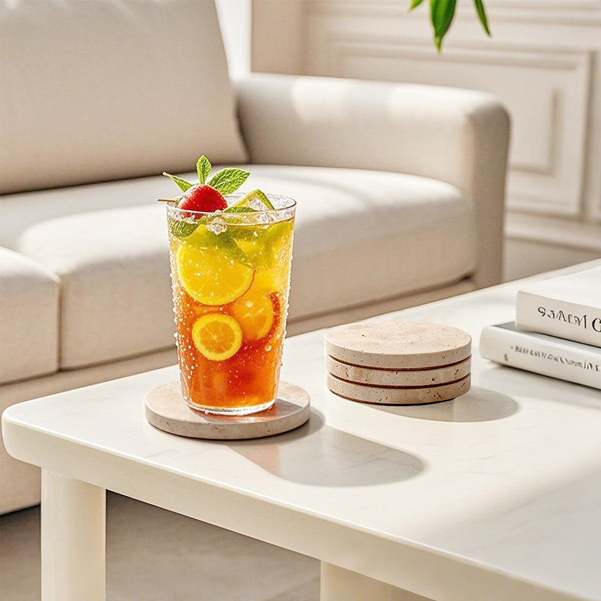 WORHE travertine coaster finish remains vibrant for indoor and outdoor use