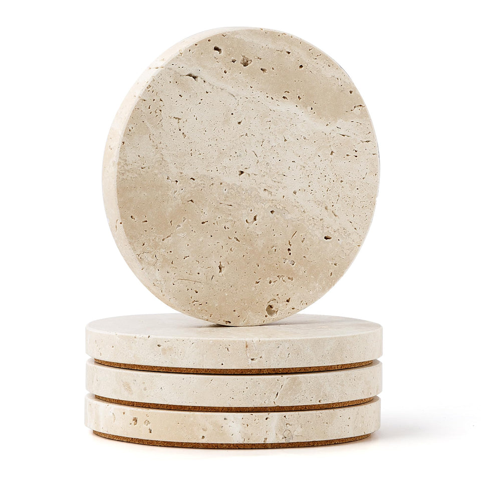 WORHE travertine coaster top view shows natural vein patterns for elegant protection