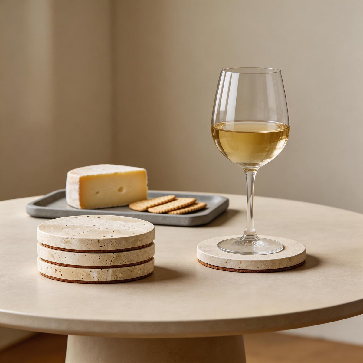 WORHE travertine coaster close-up reveals marble veins and premium stone texture