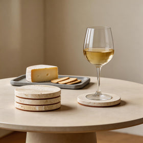 WORHE travertine coaster close-up reveals marble veins and premium stone texture