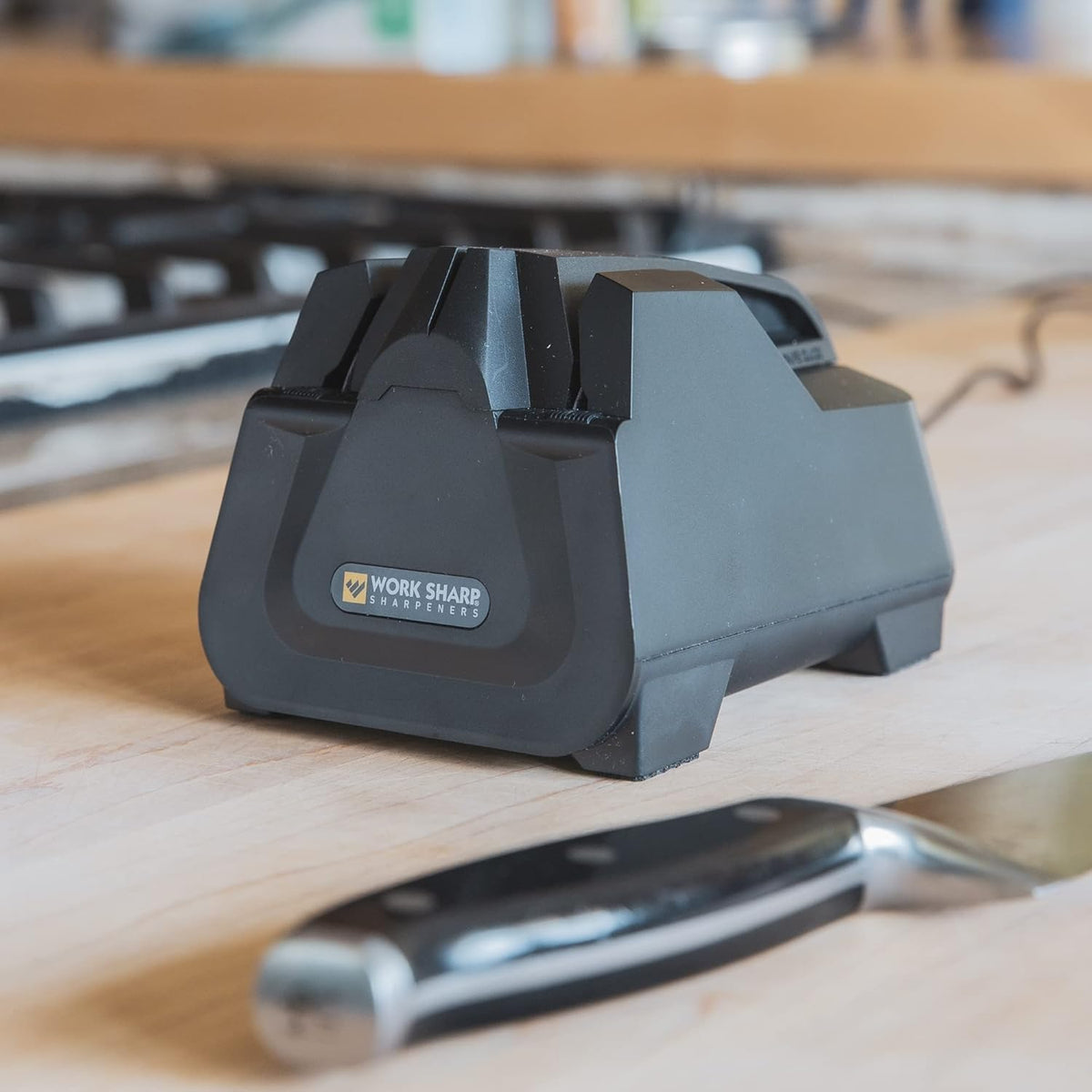 Work Sharp E2 side panel view reveals compact design for drawer storage.